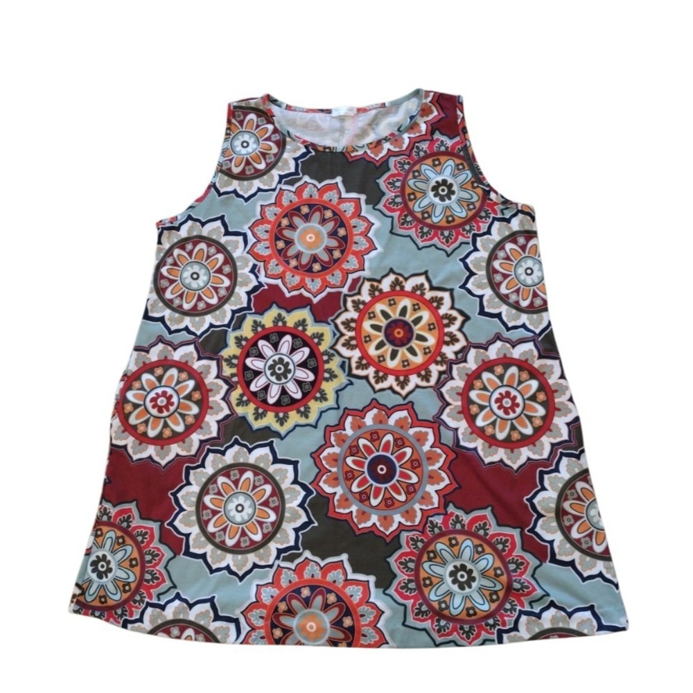 Simple Fun Dress Woman 3XL Multicolor All Over Print Boho Round Neck Sleeveless‎